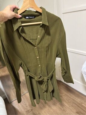 ZARA Olive Green Belted Button-Front Women's Dress